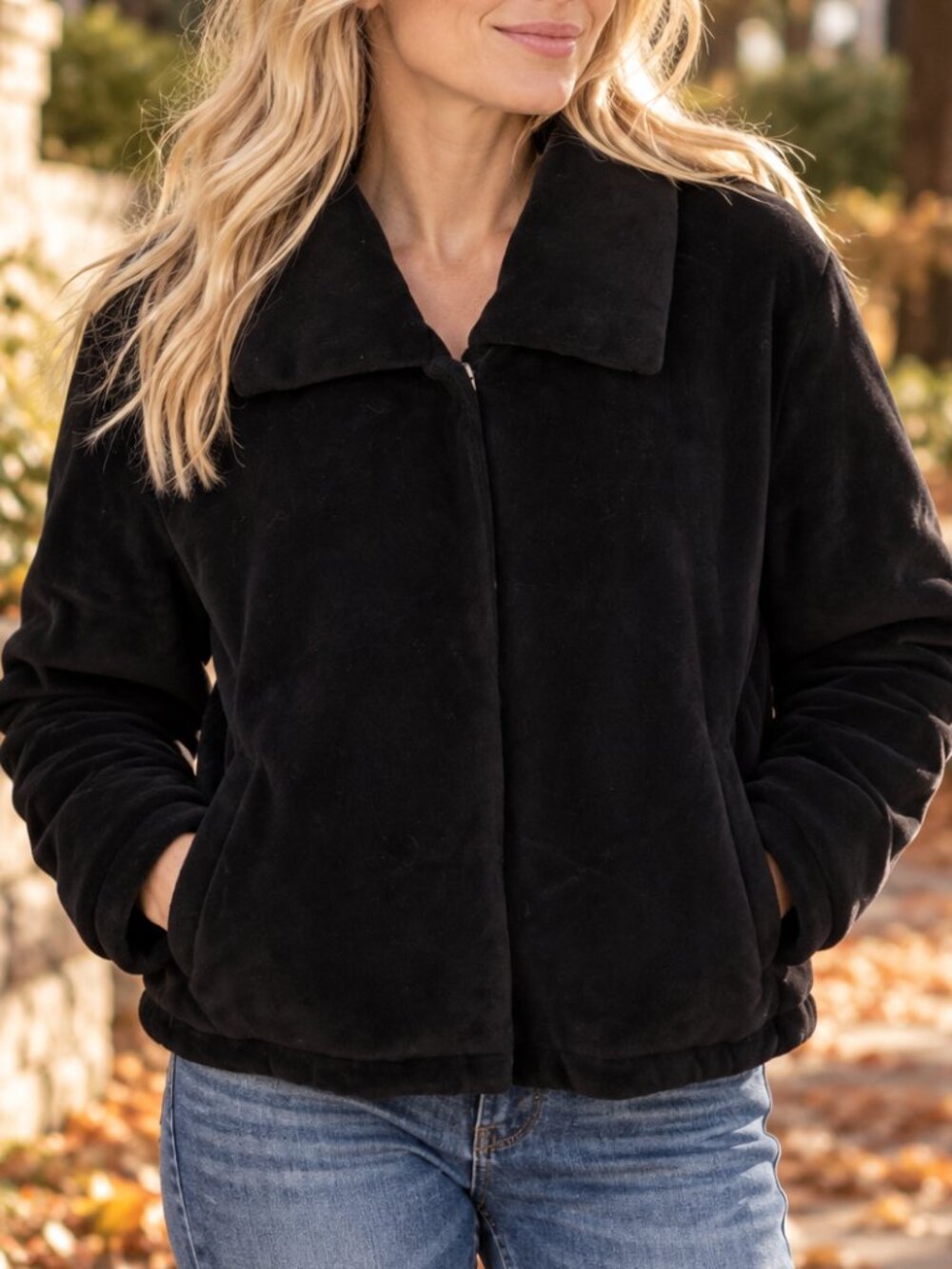 Young Fabulous & Broke Black Velour Furry Jacket Relaxed Fit Size Medium